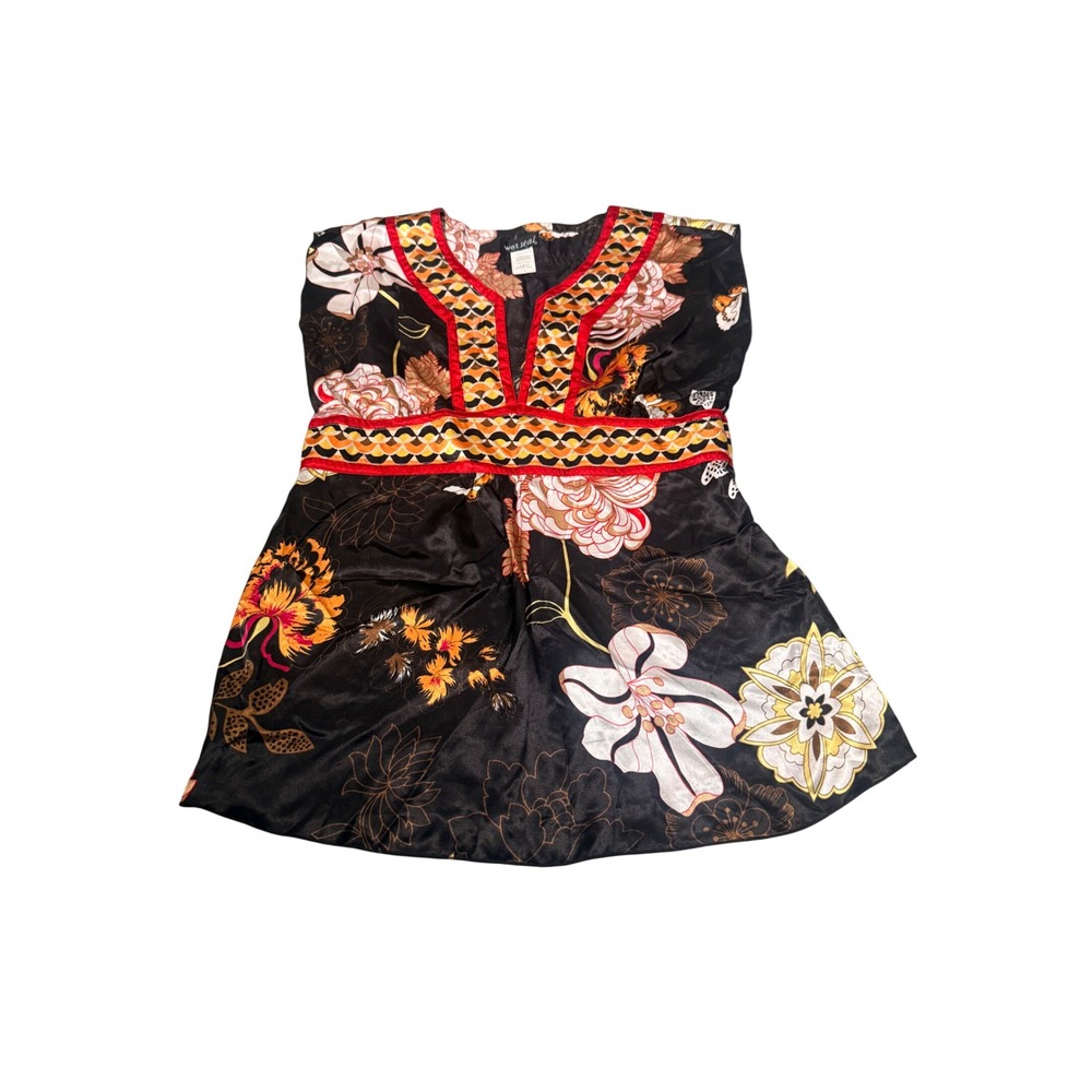 Y2K Wet Seal Floral Butterfly Babydoll Top Black Satin Sleeveless V-Neck Large - Picture 1 of 5
